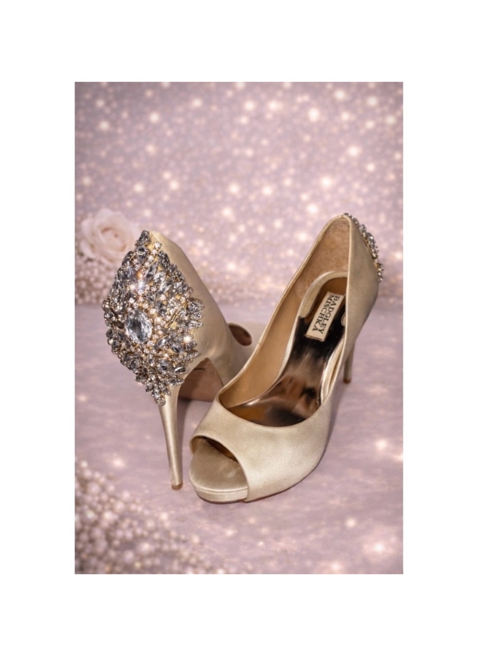 Badgley Mischka Gold Satin Peep-Toe Heels with Crystal Embellishment